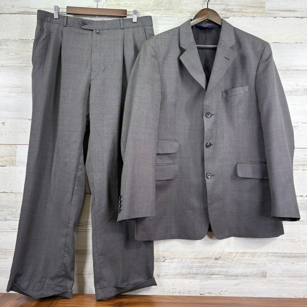 Hunt Club Grey‎ Wool Cashmere Suit Jacket Pleated Cuffed Pants Size 42R 34x29